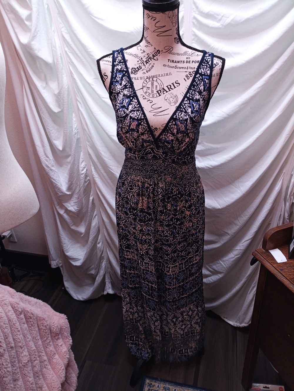 Angie Navy and Black Printed V-Neck Smocked Maxi Dress